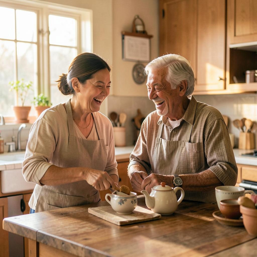 Caregiver and senior man laughing together while making tea in a home kitchen