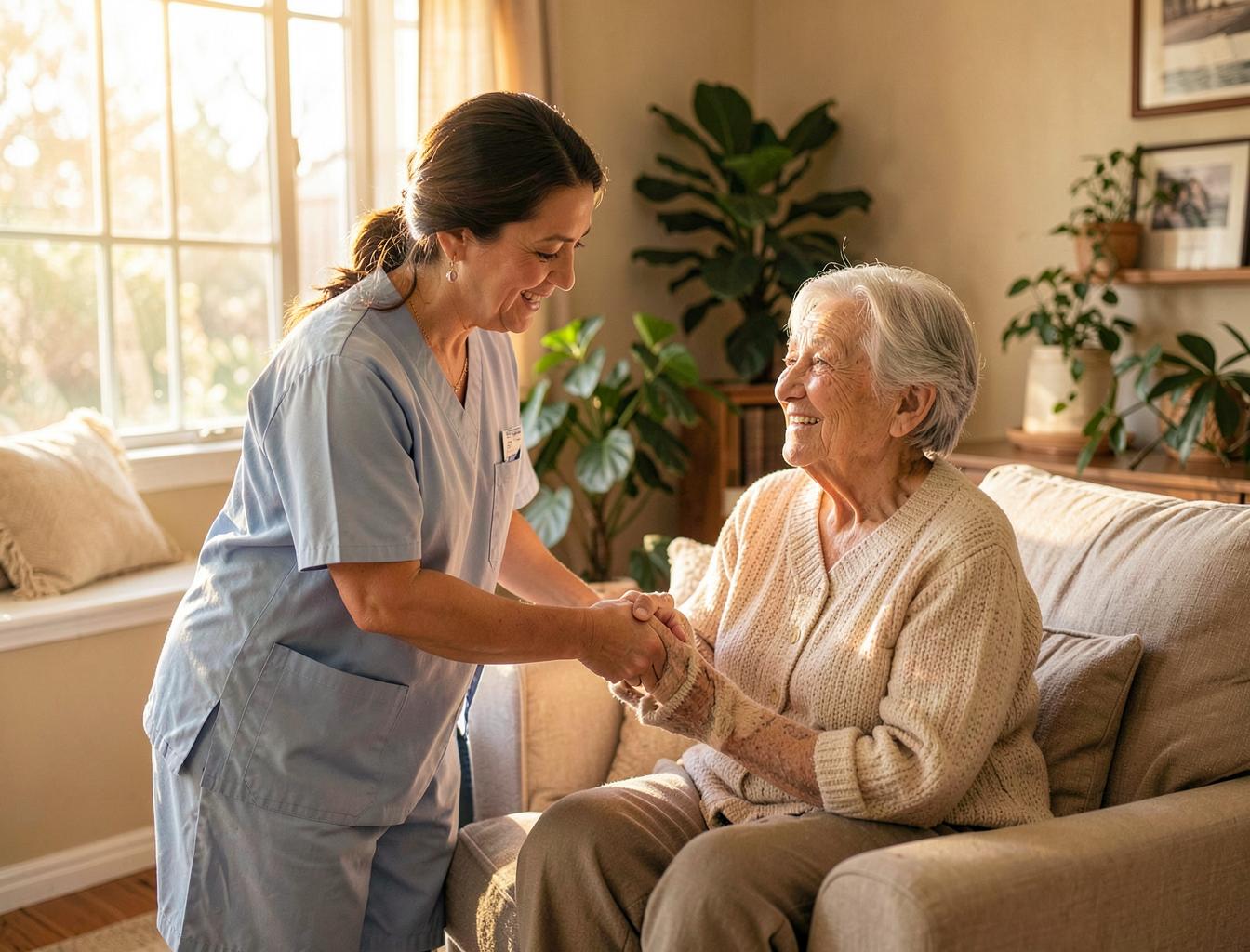 Caregiver holding hands with a smiling senior woman in her San Antonio home